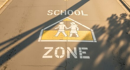 School Zone Road Marking Sign With Children Walking And Shadow