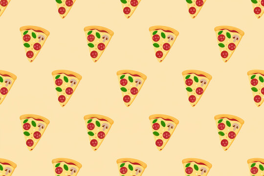 Delicious pepperoni pizza slices seamless pattern on a light yellow background