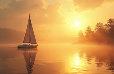 Fototapeta premium Sailboat travels on serene misty lake during golden sunrise. One person steers vessel. Calm water reflects bright sun and morning fog. Pine trees emerge from distant shore mist. Relaxing nature view.