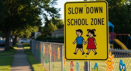 School Zone Sign Displayed On A Sunny Day Alerting Drivers About Child Safety