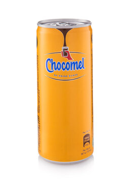 LONDON,UK - SEPTEMBER 21, 2025 : Chocomel chocolate cocoa milk drink in yellow aluminum tin on white background.