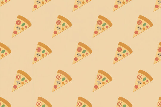 A repeating pattern of delicious slices of pepperoni pizza on a light yellow background