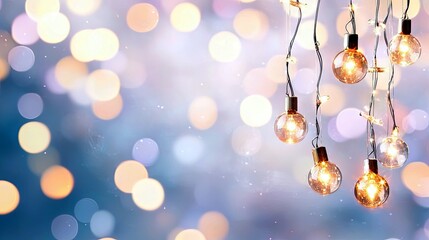 A string of round, incandescent light bulbs hangs against a soft, blurred background of bokeh lights in various warm and cool tones.