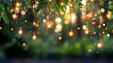 A strand of illuminated string lights hangs from green foliage, creating a warm and inviting atmosphere with a bokeh background.