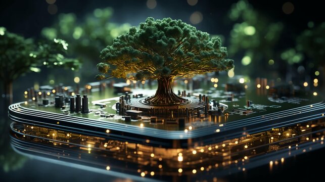 Green natural eco-friendly tree and computer technology on an abstract high-tech futuristic background of microchips and computer circuit boards with transistors - Powered by Adobe