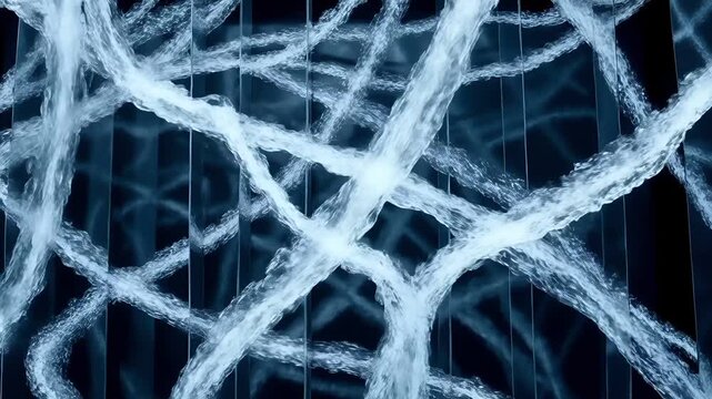 Interwoven water veins pulse and shimmer across a reflective wall, forming an intricate abstract nexus with fluid, mesmerizing motion against a dark, minimal backdrop.