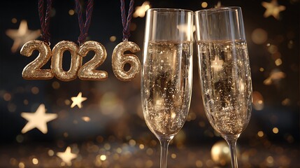 Champagne Flutes with Sparkling Bubbles and Gold 2026 Numbers on Warm Bokeh Celebration Background