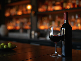 Copa y botella de vino tinto sobre barra de bar con ambiente c&aacute;lido