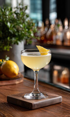 the cocktail London Calling made with gin, fino sherry, lemon juice, sugar syrup and bitters served in a coupette