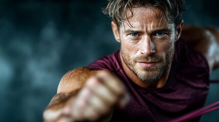 A determined man with blue eyes and stubble, sweating and intensely focused while performing an exercise with a resistance band.