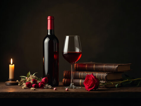 Vino, rosas y libros antiguos junto a una vela encendida