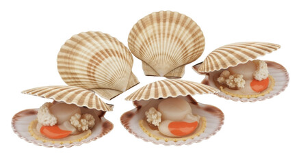 Isolated group of five fresh raw scallops for sale from the ocean seafood market delicacies