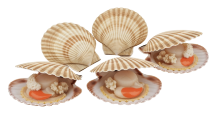Isolated group of five fresh raw scallops for sale from the ocean seafood market delicacies