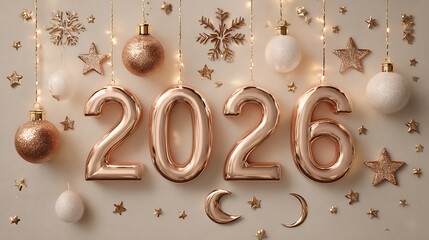 Rose Gold 2026 Balloon Numbers with Glitter Ornaments, Stars, Snowflakes, and String Lights