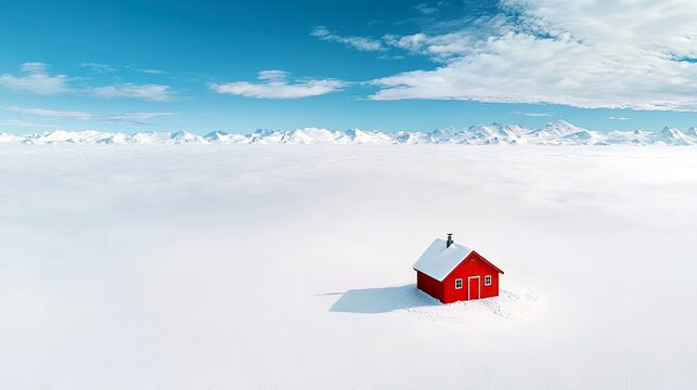 A solitary red house sits in a vast expanse of snow, surrounded by a sea of white, with snow-capped mountains in the distance under a clear blue sky.