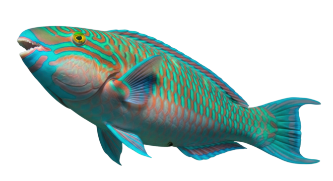 Isolated Parrotfish with beautiful pattern and colors, tropical fish in blue and orange tones