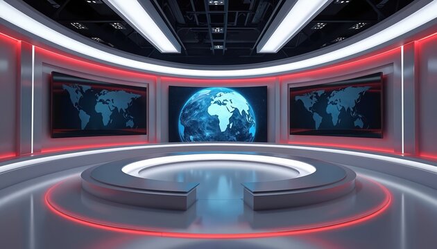 Modern virtual news studio background with bright glowing screens. Central screen shows blue Earth globe. Side displays feature world maps. High tech set red, white lights for TV broadcast, live
