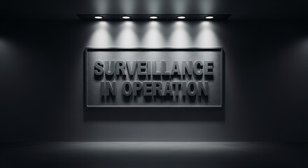 Surveillance In Operation: An illuminated sign against a dark, dramatic backdrop scene