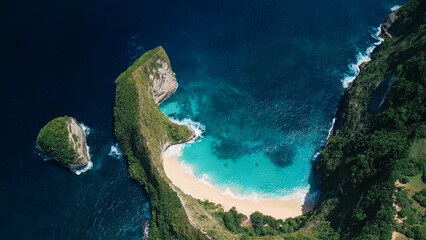 Aerial Kelingking Beach Nusa Penida T-Rex Cliff And Turquoise Bay