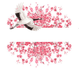 Banner of sakura branches and japanese crane. Watercolor handmade illustration. For fabric, wallpaper, greeting cards, design, decoration and illustration. © Nataliia
