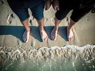 Two Pairs of Feet on Beach Sand at Water's Edge