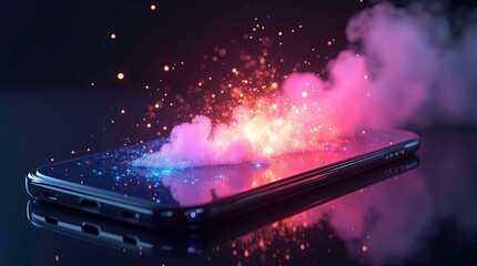 Futuristic smartphone on a dark reflective surface vibrant digital energy and glowing light particles, AI Generative