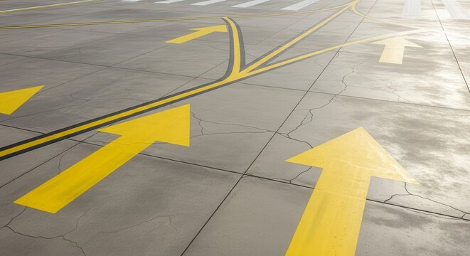 Symbolic Directional Markings on A Concrete Surface, Emphasizing Guidance and Movement