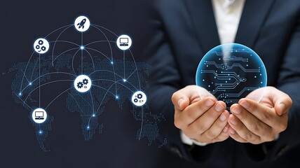 Businessman holding a glowing digital globe with circuit board patterns and global network icons technology