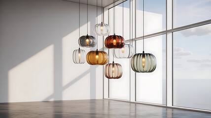 Collection of colorful glass pendant lights hanging in a modern room with large windows hanging light