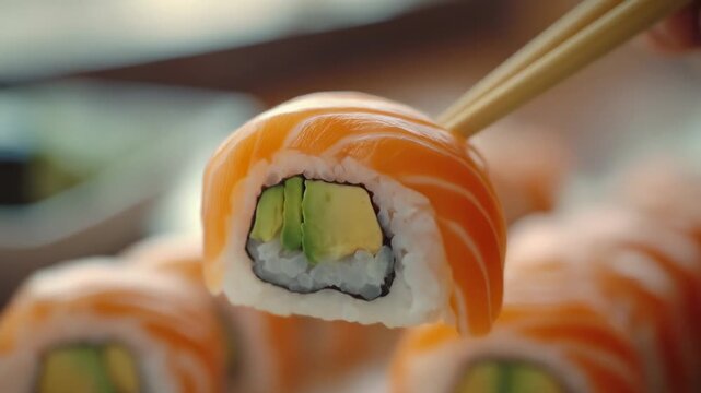 Salmon avocado roll held with chopsticks, row of rolls in background