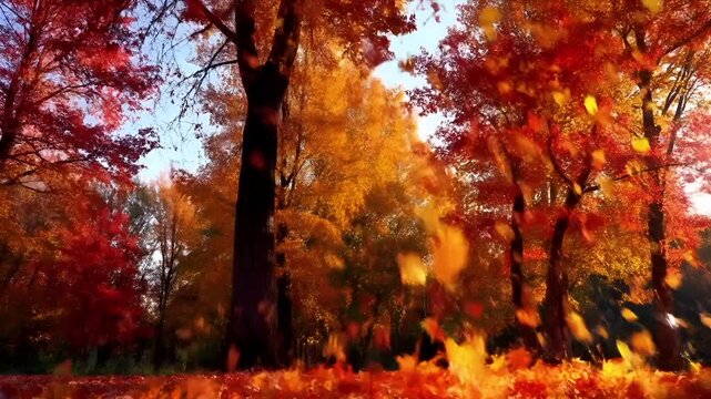 Autumn leaves in warm reds, oranges, and yellows drift gracefully from the trees, creating a peaceful aerial dance as the camera moves upward through a golden, scenic fall landscape.