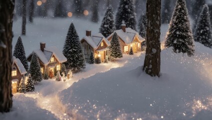 Enchanting Winter Village Scene with Illuminated Miniature Houses and Snow-Covered Trees.
