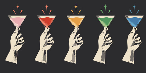 Hands holding colorful martini glasses with sparkling toppings