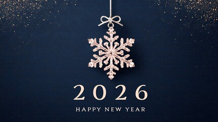 Rose Gold Snowflake Ornament with Silver Chain and 2026 “HAPPY NEW YEAR” Text on Deep Blue Background