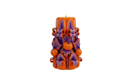 Isolated Halloween candle featuring pumpkins and leaves in purple and orange colors