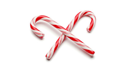 Festive candy canes crossed on a clean white surface, perfect for holiday promotions and sweet Christmas greetings, adding a touch of sugary joy