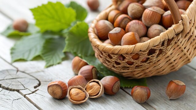 A basket full of hazelnuts with green leaves on a white wooden table, creating a rustic and natural scene with a focus on food photography