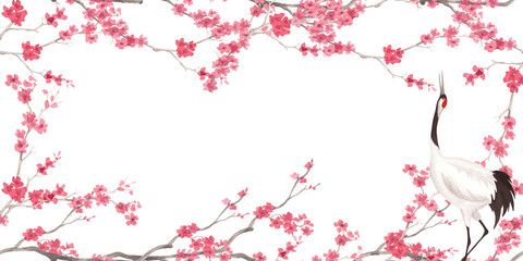 Restangular frame of sakura and japanese crane. Watercolor handmade illustration. For fabric, wallpaper, greeting cards, design, decoration and illustration. © Nataliia