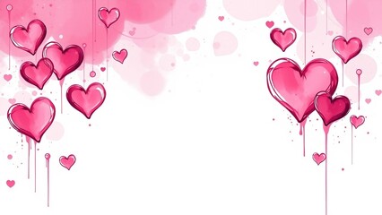 Romantic pink hearts in a soft watercolor splash style, arranged in the corners to create a dreamy background with copy space