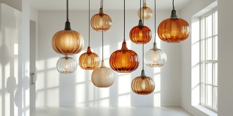 Collection of decorative pumpkin-shaped glass pendant lights hanging indoors lighting lamp