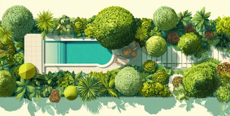 Top view of a garden landscape design with a swimming pool, plants, and trees in a flat vector style