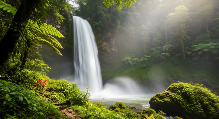 Majestic waterfall cascades into a lush, misty jungle oasis with vibrant green foliage.
