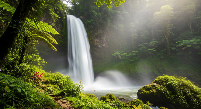 Majestic waterfall cascades into a lush, misty jungle oasis with vibrant green foliage. - Powered by Adobe