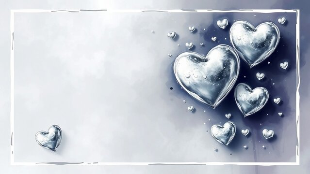 Elegant silver hearts floating in a soft painted frame, perfect for romantic messages, greeting cards and wedding designs.