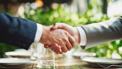 Two businessmen shaking hands in the conference room, close-up of handshakes and professional attire