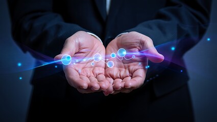 Hands holding glowing abstract network of connected spheres and lines technology connection