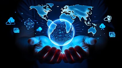 Hands Holding a Glowing Digital Globe with World Map and Technology Icons Keywords: hands, holding, globe, earth, world map, digital, technology, network, connection, global, communication, data