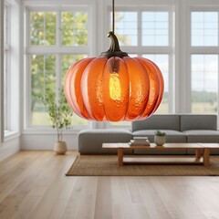 Orange Glass Pumpkin Pendant Light Fixture Hanging in a Bright, Modern Living Room image photo