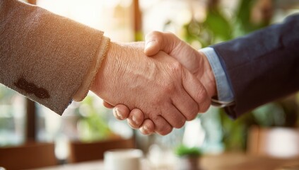 Two businessmen shaking hands in the conference room, close-up of handshakes and professional attire