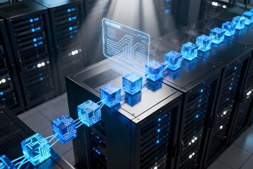 Blockchain data processing visualized in a high-tech server room with glowing blue cubes and holographic interface.